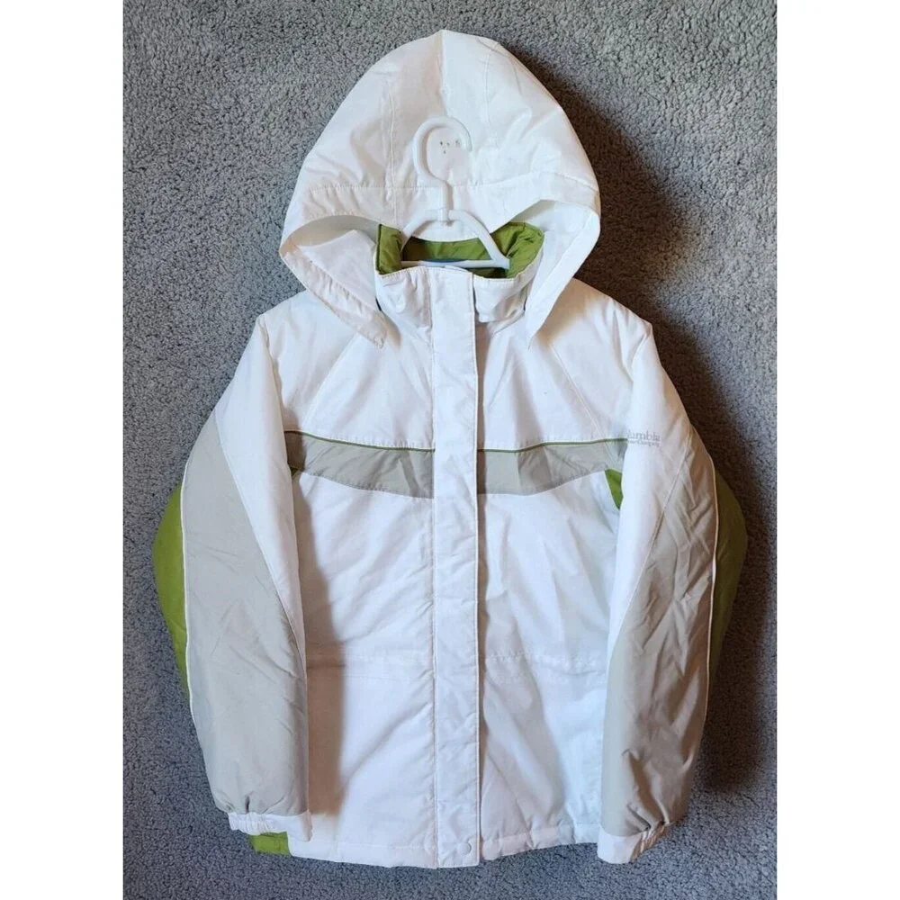 Columbia Kids Hooded Zip Up Puffer Winter Jacket White/Green XG5034 Youth 14/16‎